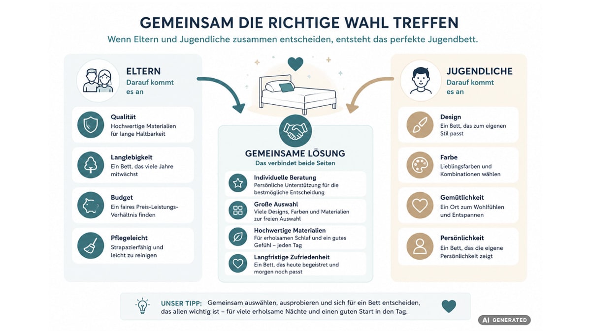 Eltern und Jugendliche wählen gemeinsam das passende Jugendbett