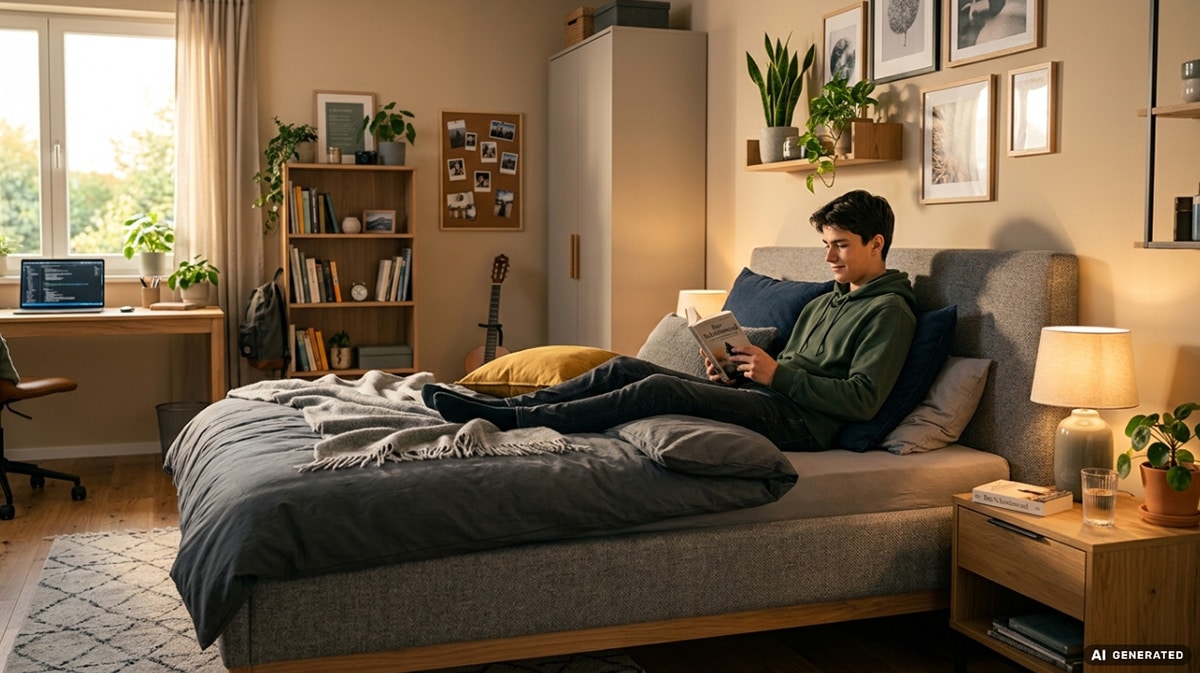 Jugendbett in einem modern eingerichteten Jugendzimmer mit stilvoller Einrichtung