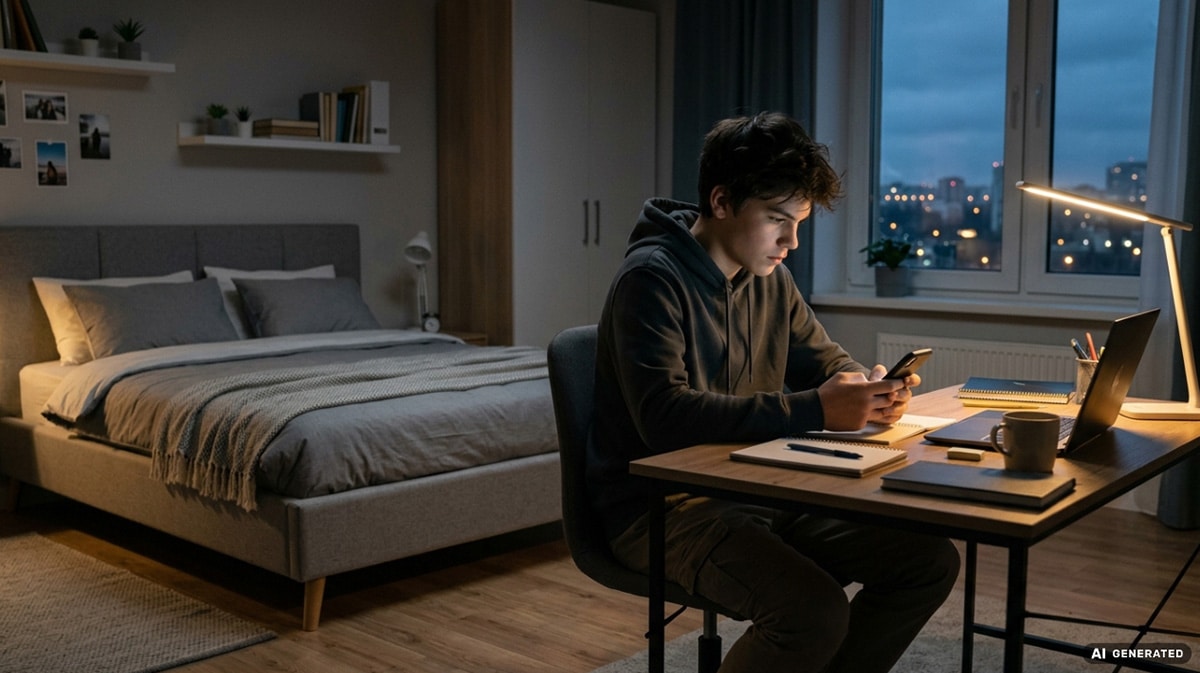 Jugendlicher sitzt abends wach am Schreibtisch, während das Bett im Hintergrund bereitsteht