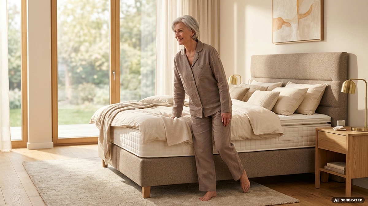 Seniorenbett mit Aufstehhilfe erleichtert das sichere Aufstehen aus einem hochwertigen Boxspringbett