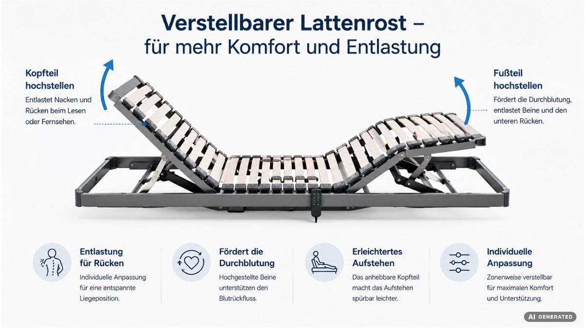 Verstellbarer Lattenrost mit angehobenem Kopf- und Fußteil zur Entlastung von Rücken und Beinen