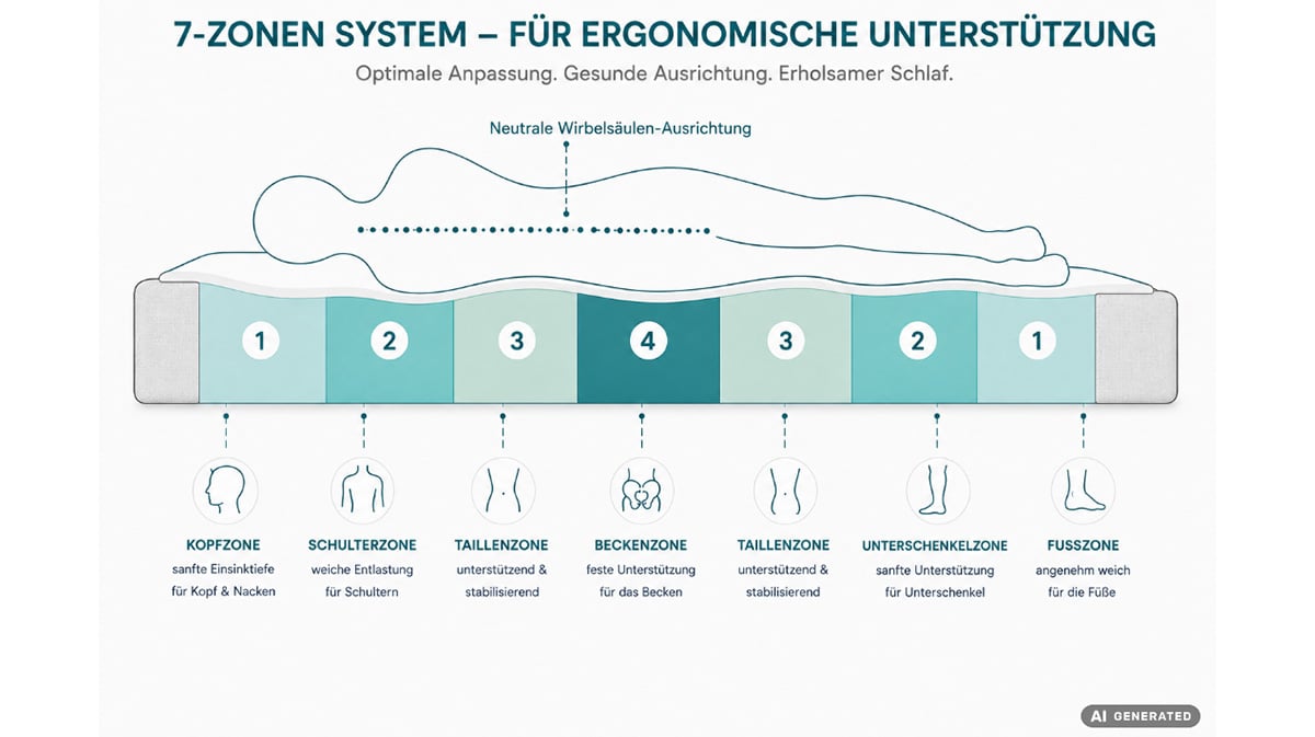 Zonierte Matratze mit 7 Zonen für Schulter, Wirbelsäule und Becken - ideal für Senioren