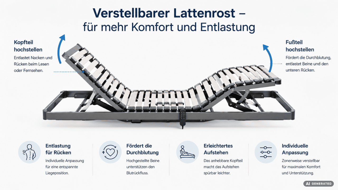 Verstellbarer Lattenrost mit angehobenem Kopf- und Fußteil zur Entlastung von Rücken und Beinen