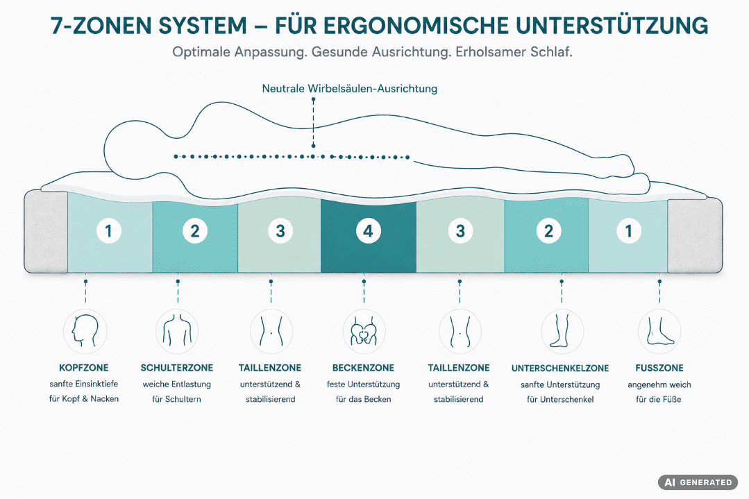 Zonierte Matratze mit 7 Zonen für Schulter, Wirbelsäule und Becken - ideal für Menschen ab 50