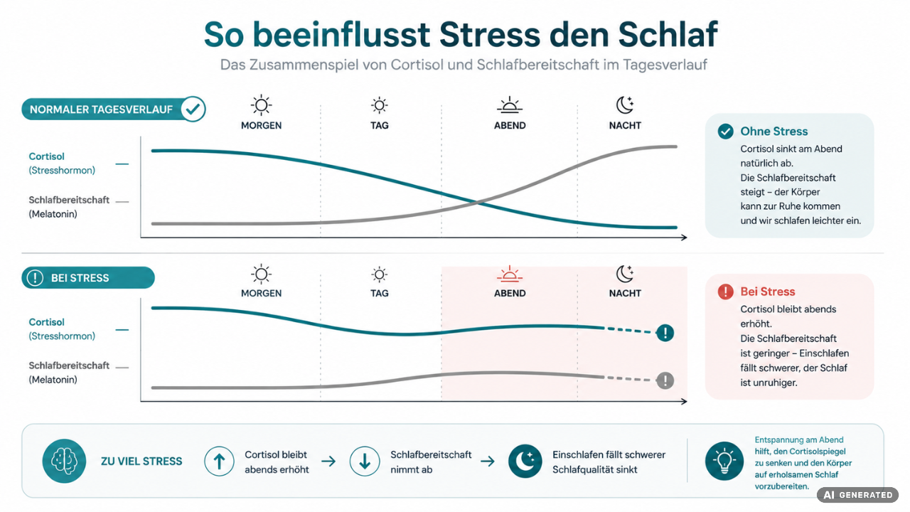 Infografik zeigt den Zusammenhang zwischen erhöhtem Cortisol bei Stress und schlechterer Schlafqualität am Abend